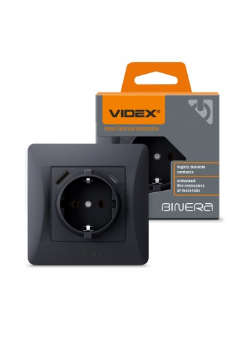 Розетка одинарна із заземленням з USB+USB-C чорний графіт VIDEX BINERA VF-BNSK1GUC-BG - 485272