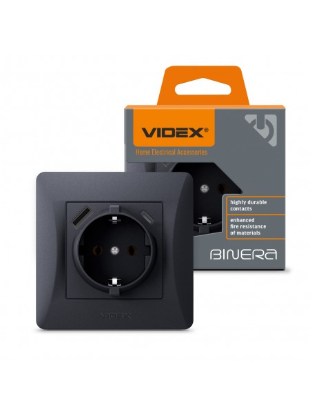 Розетка одинарна із заземленням з USB+USB-C чорний графіт VIDEX BINERA VF-BNSK1GUC-BG - 485272