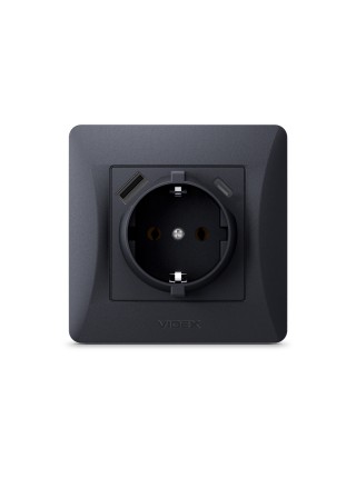 Розетка одинарна із заземленням з USB+USB-C чорний графіт VIDEX BINERA VF-BNSK1GUC-BG - 485272