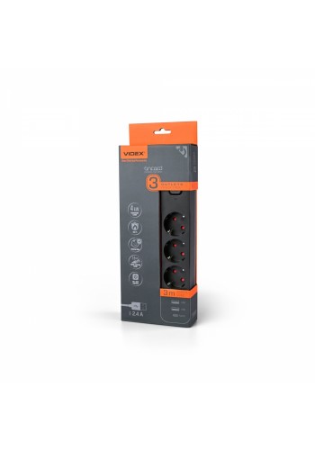 Мережевий подовжувач VIDEX ONCORD з/з 3п 3м (3x1.5мм) 2.4А 2USB+USB-C з кнопкою Black VF-PD33G2U1C-B - 484893