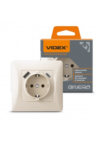 Розетка одинарна із заземленням з USB+USB-C кремова VIDEX BINERA VF-BNSK1GUC-CR - 485289