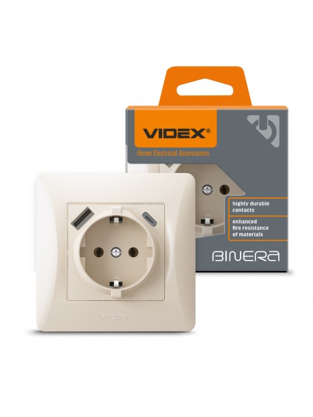Розетка одинарна із заземленням з USB+USB-C кремова VIDEX BINERA VF-BNSK1GUC-CR - 485289