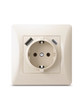 Розетка одинарна із заземленням з USB+USB-C кремова VIDEX BINERA VF-BNSK1GUC-CR - 485289