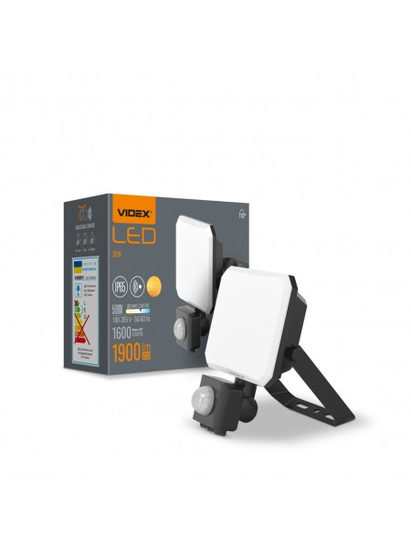 LED прожектор VIDEX F3 20W 5000K з датчиком руху 220V Black (VLE-F3-0205B-S) VLE-F3-0205B-S - 542477