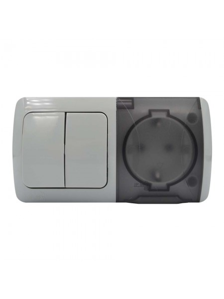 Вимикач EVA сірий 2кл + Розетка з заземленням з кришкою IP54 ( 554-011500-922 )