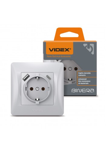 Розетка одинарна із заземленням з USB+USB-C срібний шовк VIDEX BINERA VF-BNSK1GUC-SS - 485296