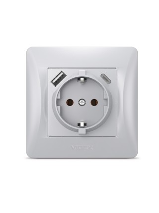 Розетка одинарна із заземленням з USB+USB-C срібний шовк VIDEX BINERA VF-BNSK1GUC-SS - 485296