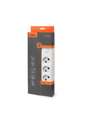 Мережевий подовжувач VIDEX ONCORD б/з 4п 5м з кнопкою White VF-PD45-W - 488273