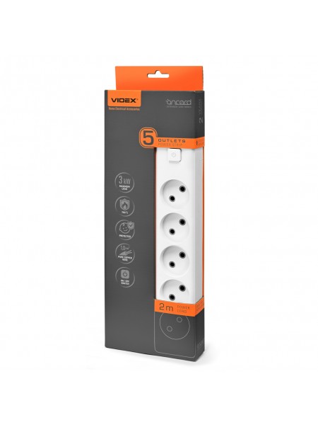 Мережевий подовжувач VIDEX ONCORD б/з 5п 2м з кнопкою White VF-PD52-W - 488280