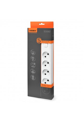 Мережевий подовжувач VIDEX ONCORD б/з 5п 5м з кнопкою White VF-PD55-W - 488303