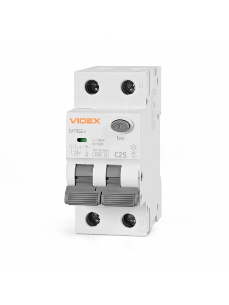 Диференційний автомат VIDEX RESIST АС 2п 30мА 6кА 25А VF-RS6-DA2AC25 - 482684