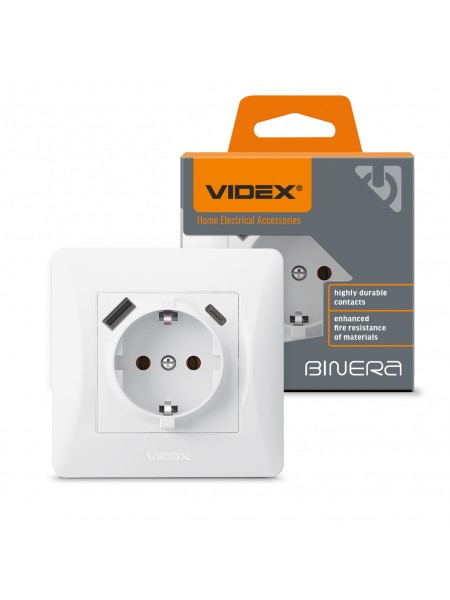 Розетка одинарна із заземленням з USB+USB-C біла VIDEX BINERA VF-BNSK1GUC-W - 485302