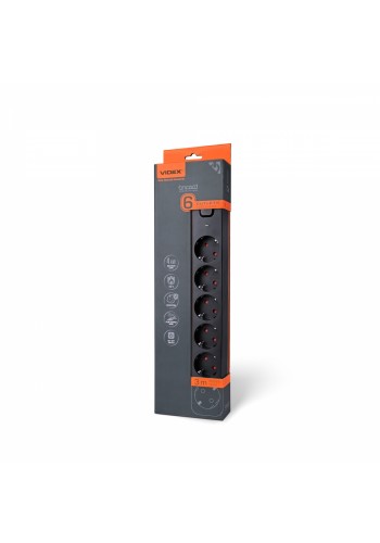 Мережевий подовжувач VIDEX ONCORD з/з 6п 3м (3x1.5мм) з кнопкою Black VF-PD63G-B - 484978