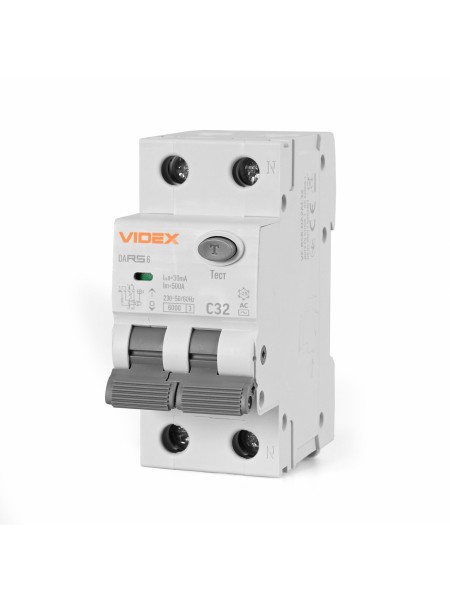 Диференційний автомат VIDEX RESIST АС 2п 30мА 6кА 32А VF-RS6-DA2AC32 - 482776