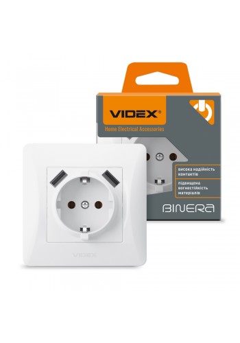 Розетка одинарна із заземленням та 2USB біла VIDEX BINERA VF-BNSK1GU2-W - 295053