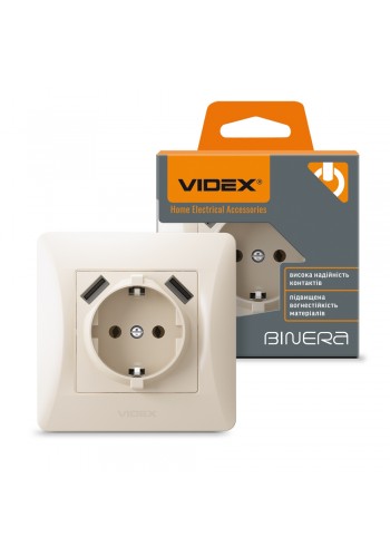 Розетка одинарна із заземленням та 2USB кремова VIDEX BINERA VF-BNSK1GU2-CR - 296029