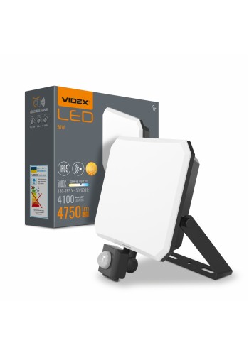 LED прожектор VIDEX F3 50W 5000K з датчиком руху 220V Black (VLE-F3-0505B-S) VLE-F3-0505B-S - 542491