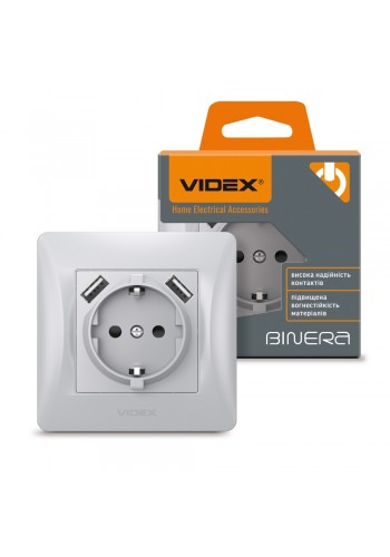Розетка одинарна із заземленням та 2USB срібний шовк VIDEX BINERA VF-BNSK1GU2-SS - 296982