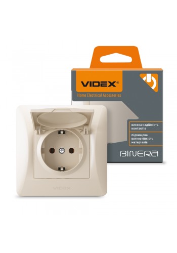Розетка одинарна із заземленням та кришкою кремова VIDEX BINERA VF-BNSK1GС-CR - 296012