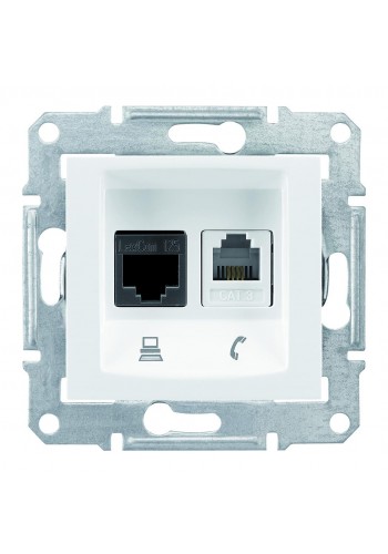 Телефонна розетка RJ11 + Комп'ютерна розетка RJ45, кат. 5e, неекр. UTP з пружинними затискачами Sedna SDN5100121 білий