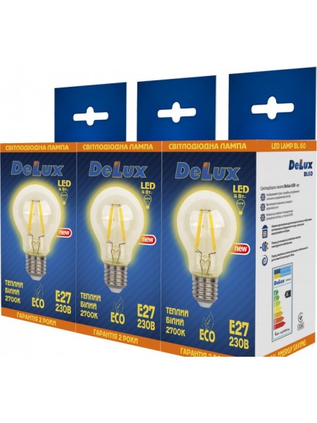 світлодіодна лампа DELUX BL 60 4Вт filam.2700K 220В E27 (промо 3 шт.) - (90005650)