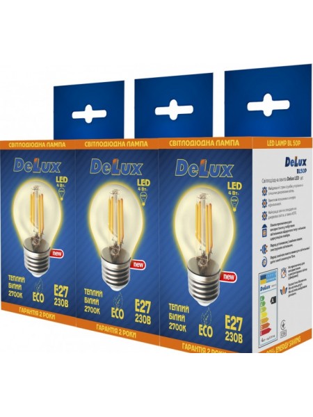 світлодіодна лампа DELUX BL50P 4Вт filam.2700K 220В E27 (промо 3 шт.) - (90005649) світлодіодна лампа DELUX BL50P 4Вт filam.2700K 220В E27 (промо 3 шт.) - (90005649)