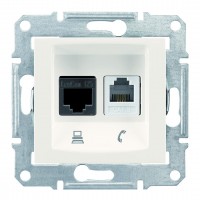 Телефонная розетка RJ11 + Компьютерная розетка RJ45, кат. 5e, неэкр. UTP с пружинными зажимами Sedna SDN5100123 слоновая кость