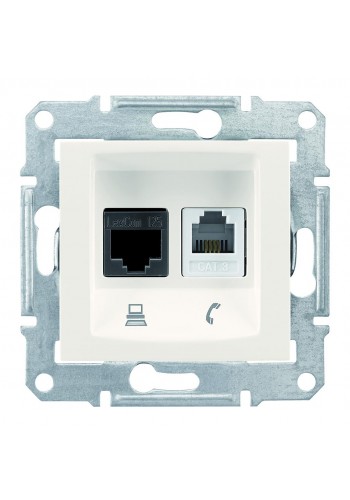 Телефонная розетка RJ11 + Компьютерная розетка RJ45, кат. 5e, неэкр. UTP с пружинными зажимами Sedna SDN5100123 слоновая кость
